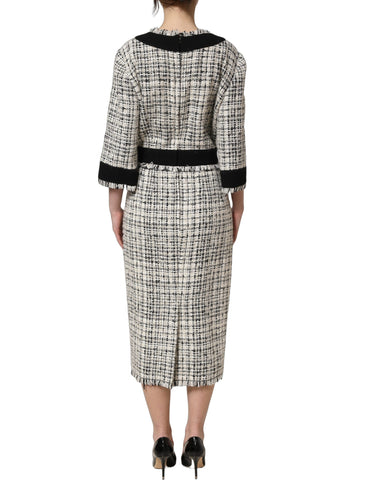 Multicolor Bouclé Tweed Frayed Trim Midi Dress