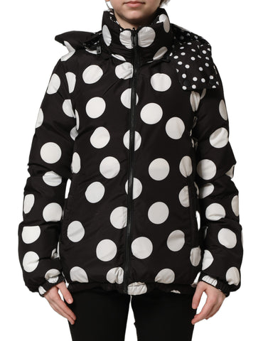Black White Polka Dot Hooded Blouson Jacket
