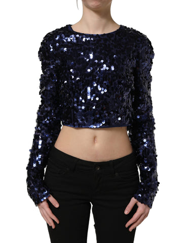 Blue Sequined Long Sleeves Crop Blouse Top
