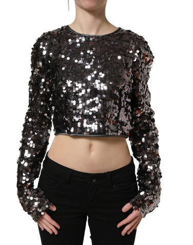 Black Sequined Long Sleeves Crop Blouse Top