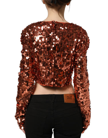 Red Sequined Long Sleeves Crop Blouse Top