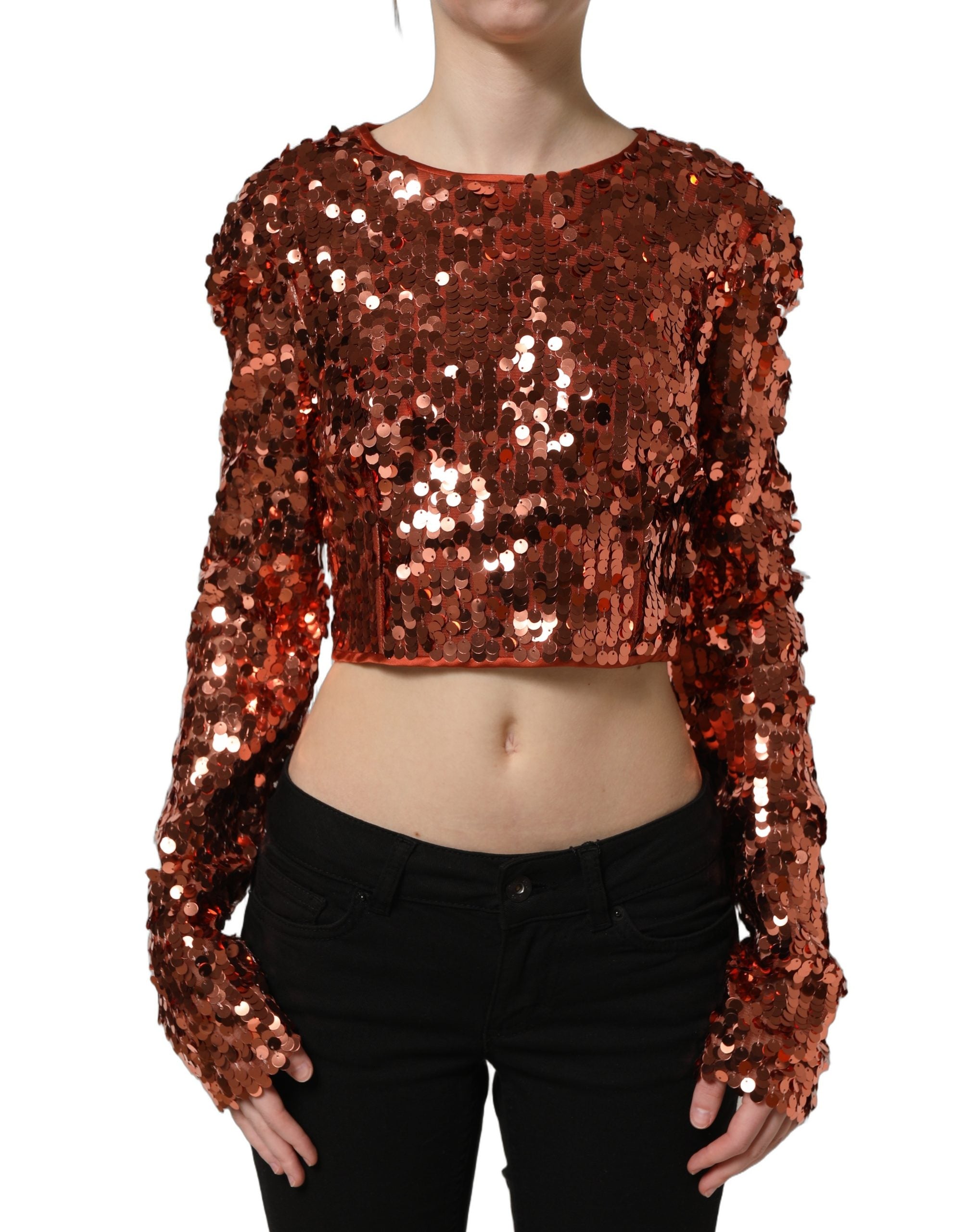 Red Sequined Long Sleeves Crop Blouse Top