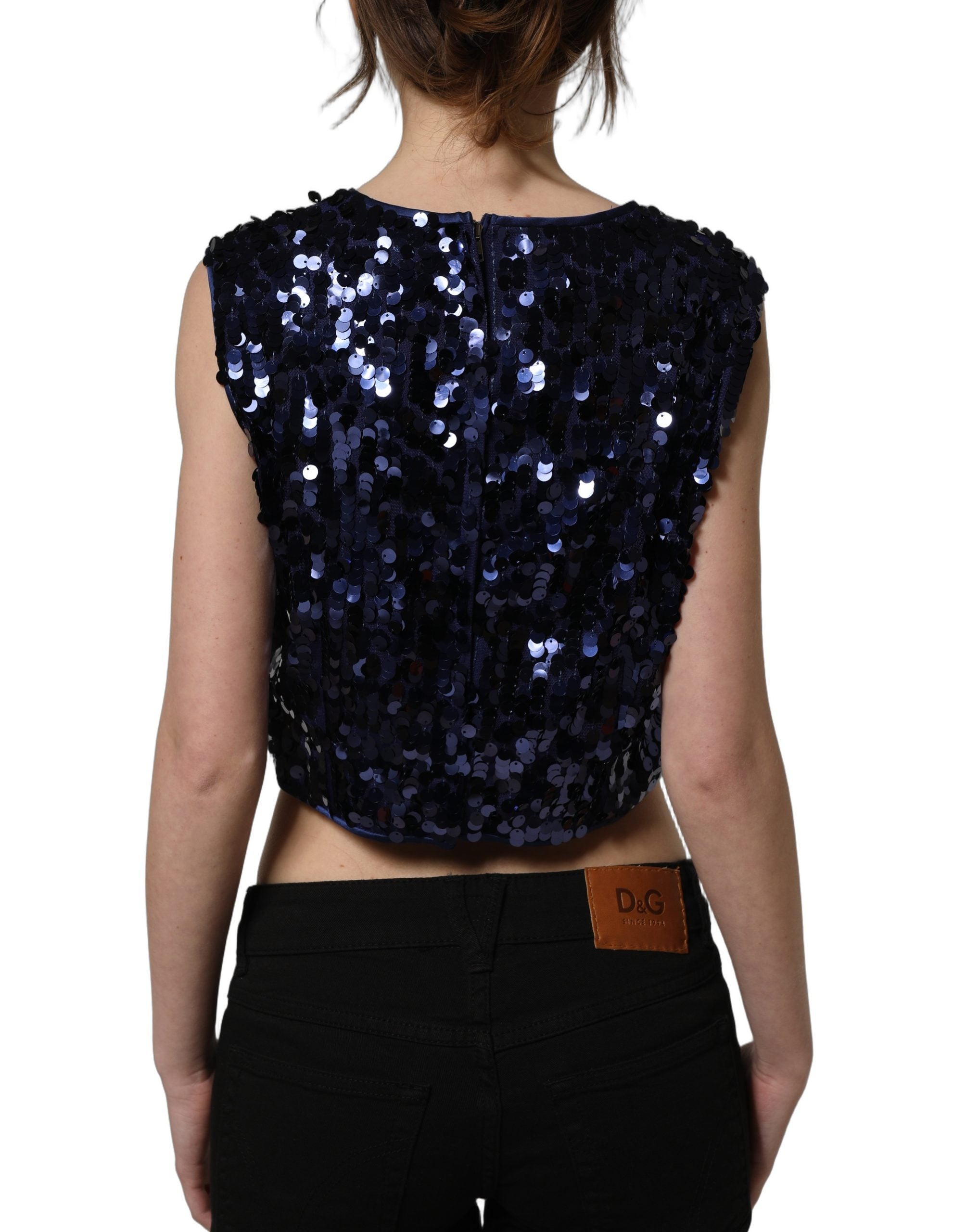 Blue Sequined Sleeveless Cropped Tank Top