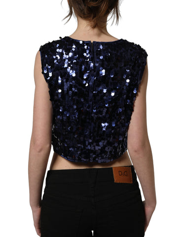 Blue Sequined Sleeveless Cropped Tank Top