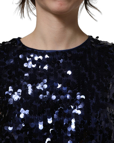 Blue Sequined Sleeveless Cropped Tank Top