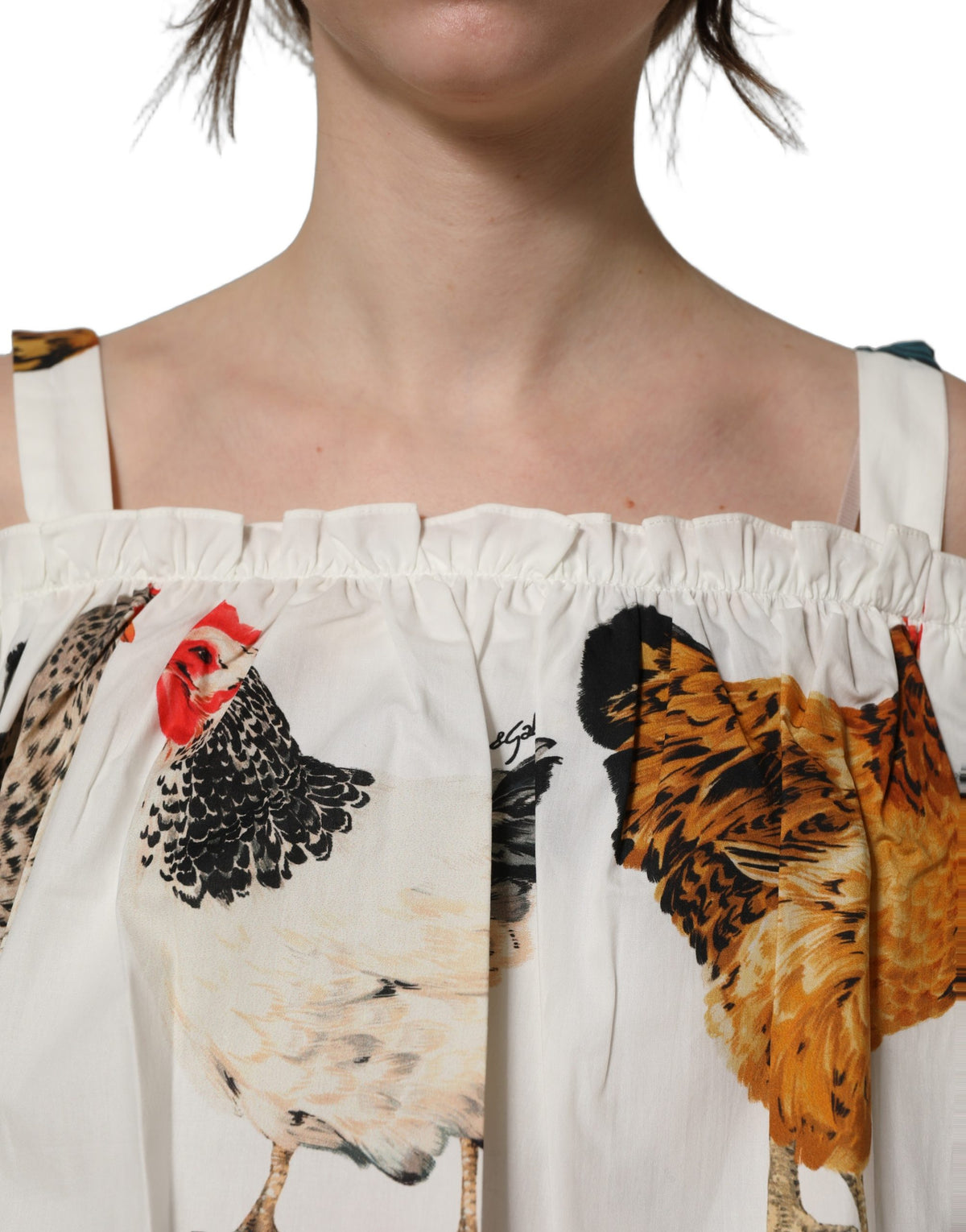White Rooster Print Poplin Off The Shoulder Top