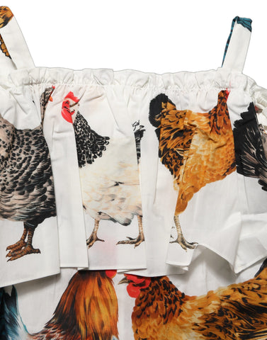 White Rooster Print Poplin Off The Shoulder Top
