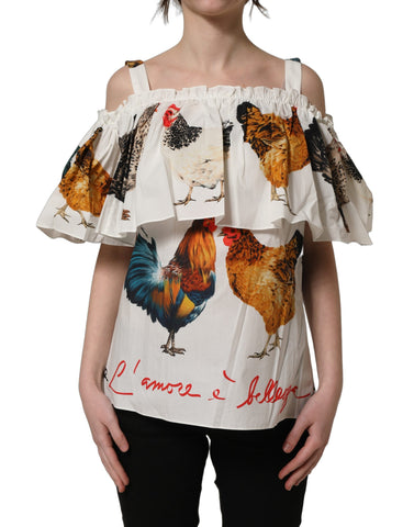 White Rooster Print Poplin Off The Shoulder Top