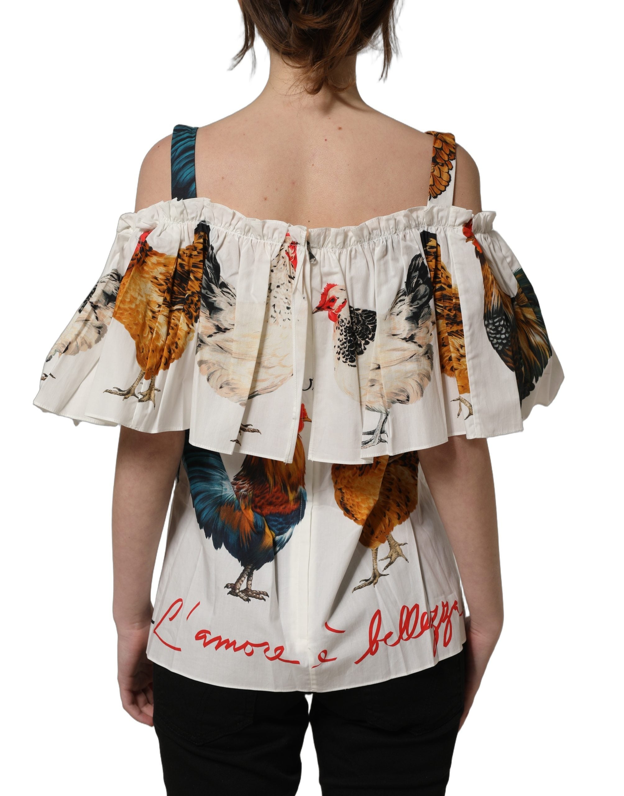 White Rooster Print Poplin Off The Shoulder Top