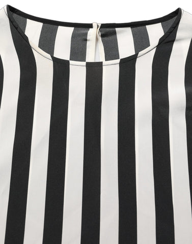 Black White Stripes Round Neck Blouse Top
