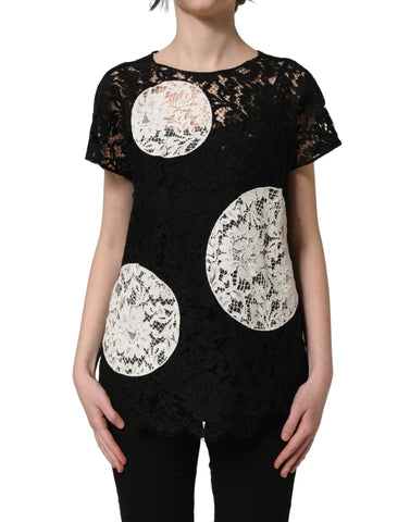 Black White Floral Lace Short Sleeve Blouse Top