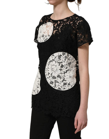 Black White Floral Lace Short Sleeve Blouse Top