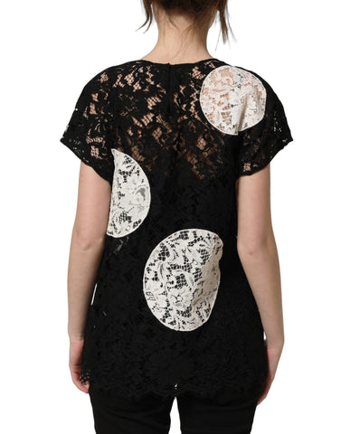 Black White Floral Lace Short Sleeve Blouse Top