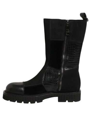 Black Patchwork Leather Mid Calf Boots Shoes