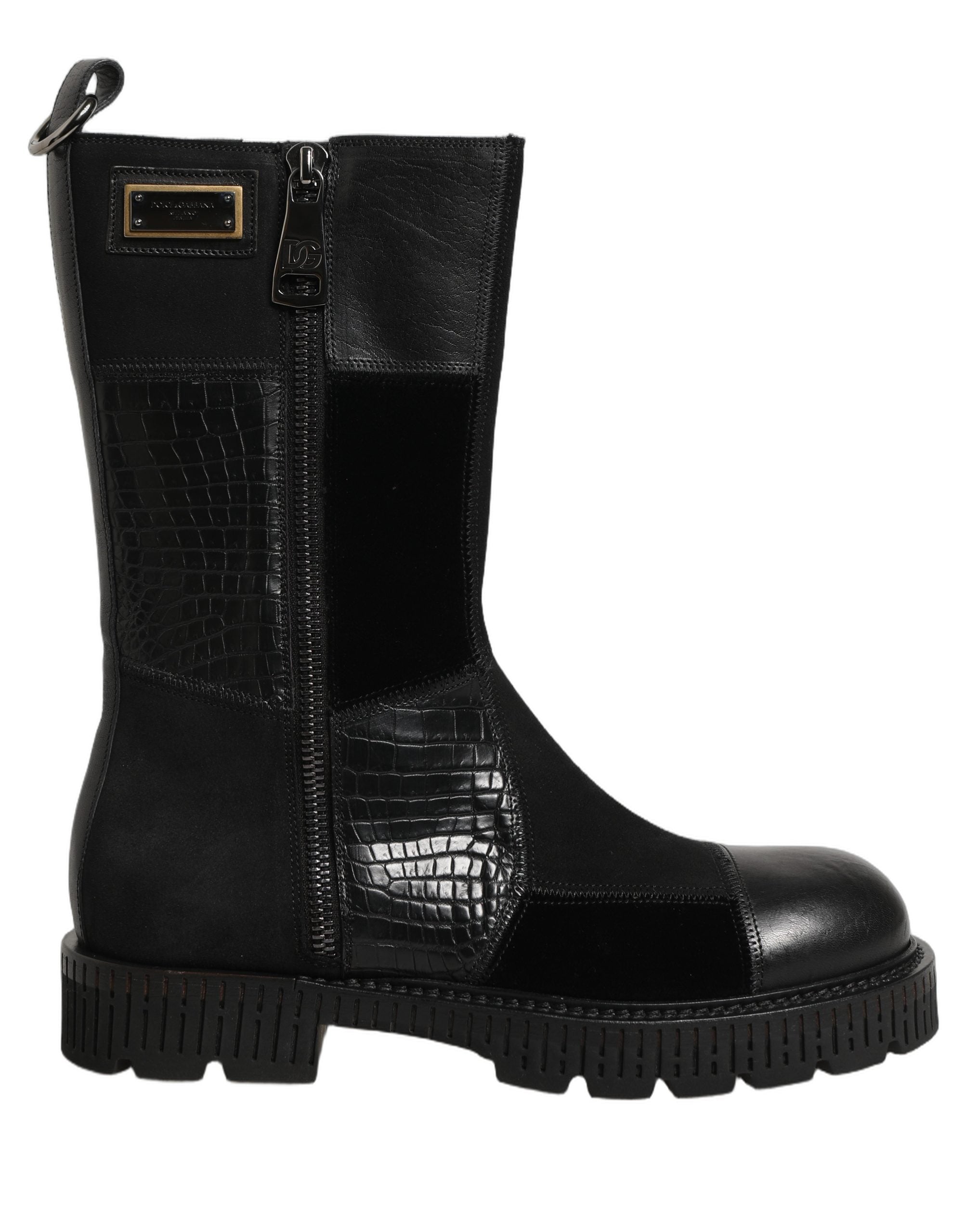 Black Patchwork Leather Mid Calf Boots Shoes