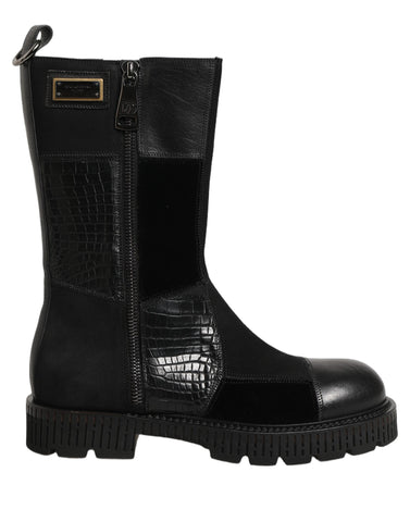 Black Patchwork Leather Mid Calf Boots Shoes