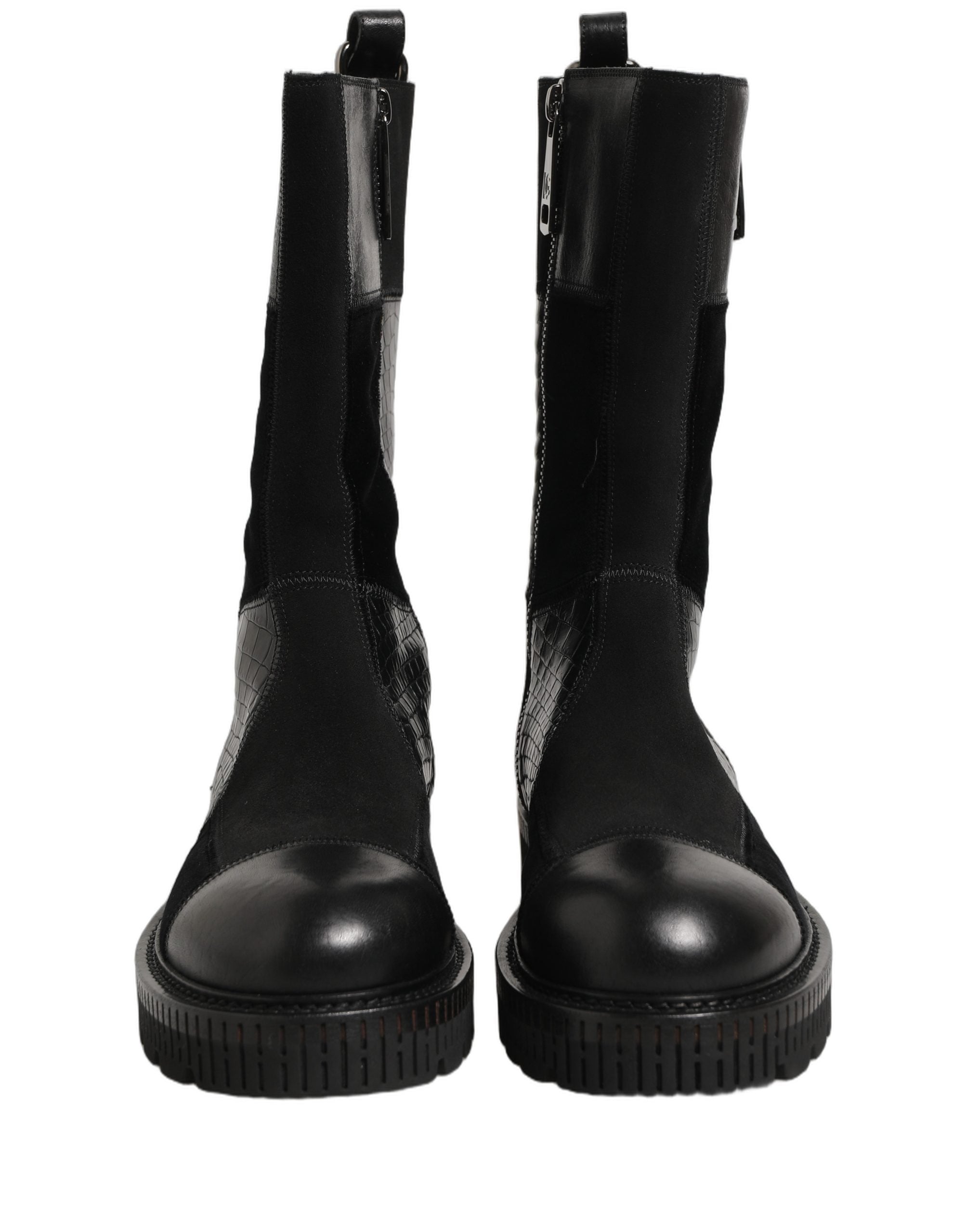 Black Patchwork Leather Mid Calf Boots Shoes