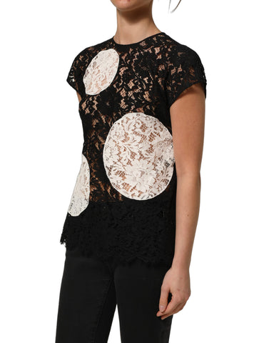 Black White Floral Lace Short Sleeve Blouse Top