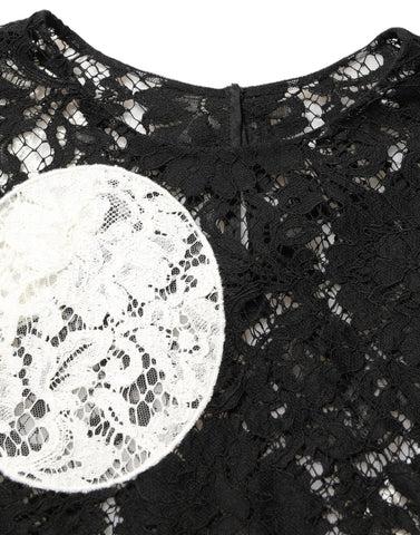 Black White Floral Lace Short Sleeve Blouse Top