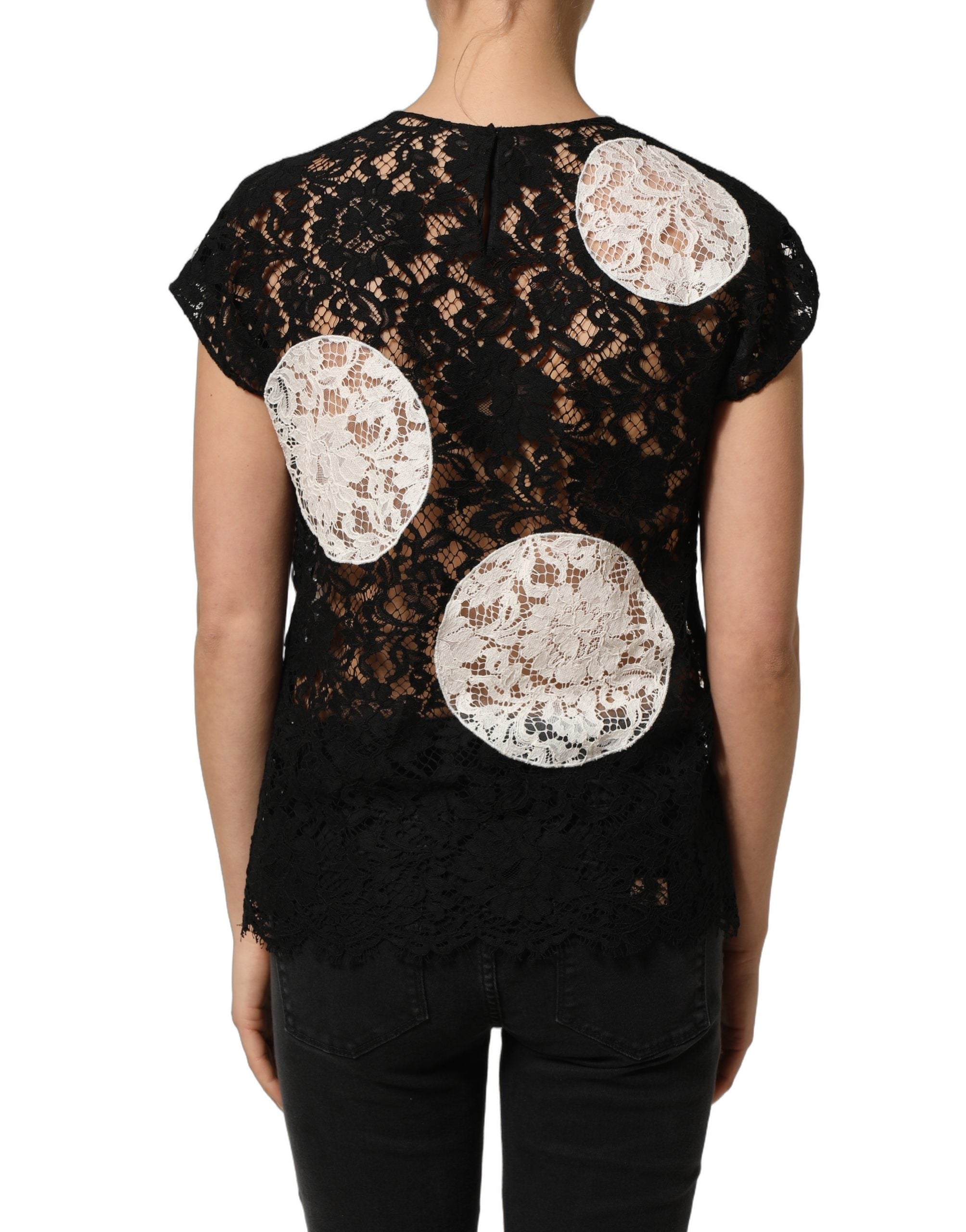 Black White Floral Lace Short Sleeve Blouse Top