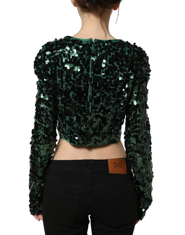 Green Sequined Long Sleeves Crop Blouse Top