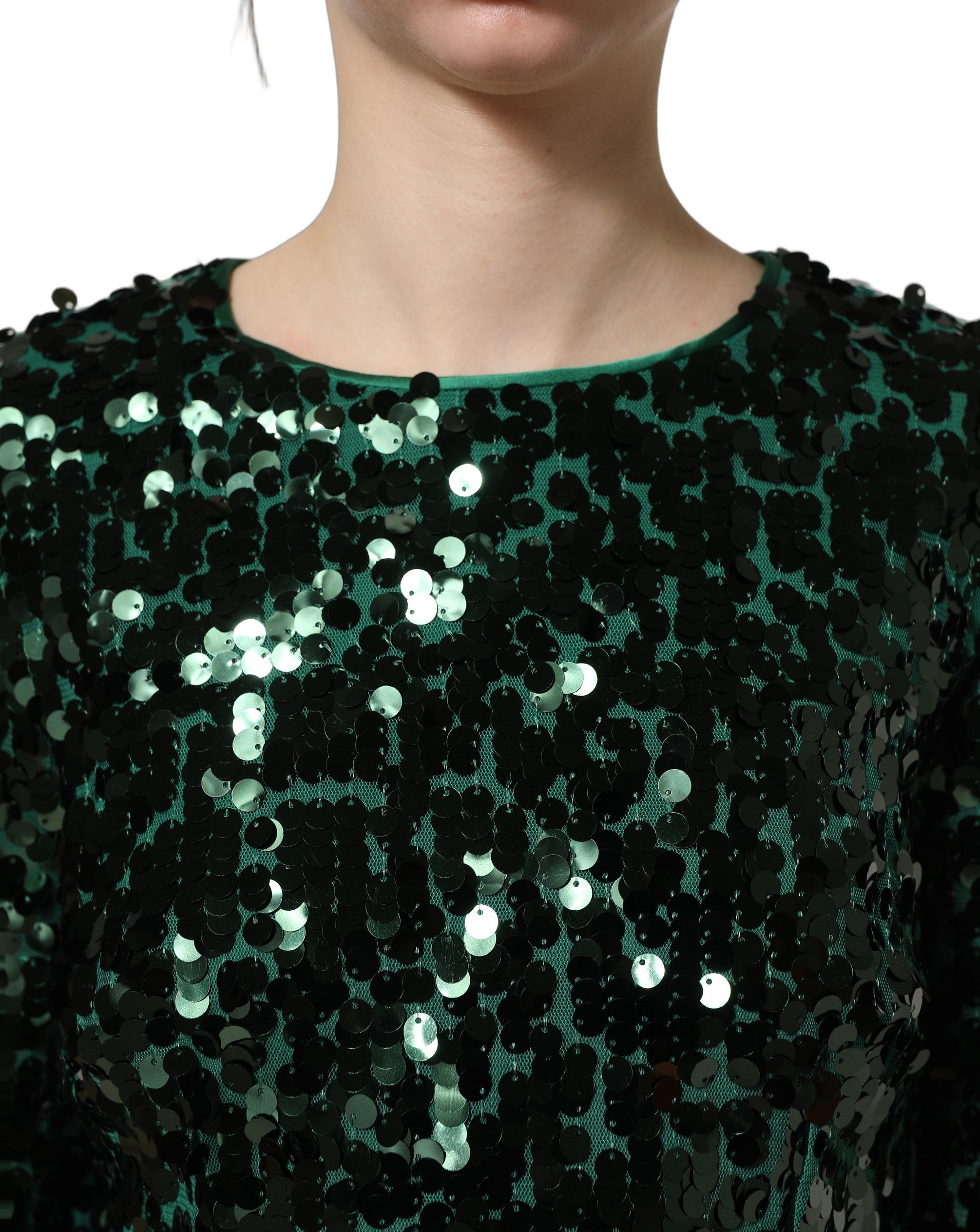 Green Sequined Long Sleeves Crop Blouse Top