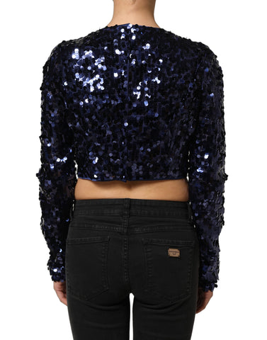 Blue Sequined Long Sleeves Crop Blouse Top