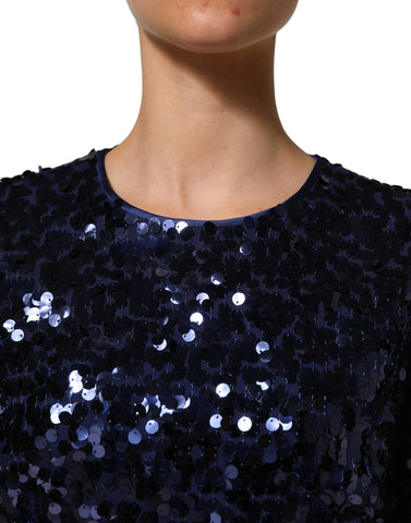 Blue Sequined Long Sleeves Crop Blouse Top
