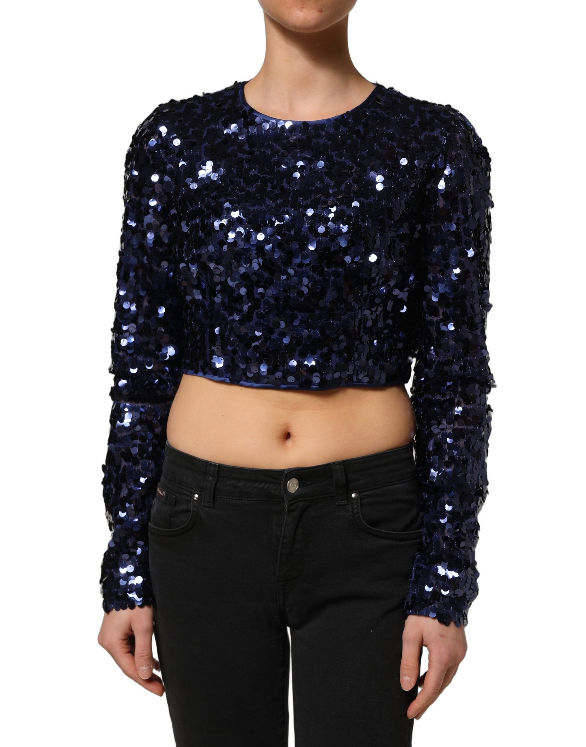 Blue Sequined Long Sleeves Crop Blouse Top