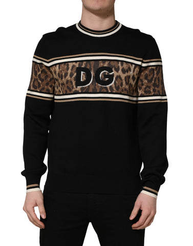 Black Leopard Wool Crew Neck Men Pullover Sweater