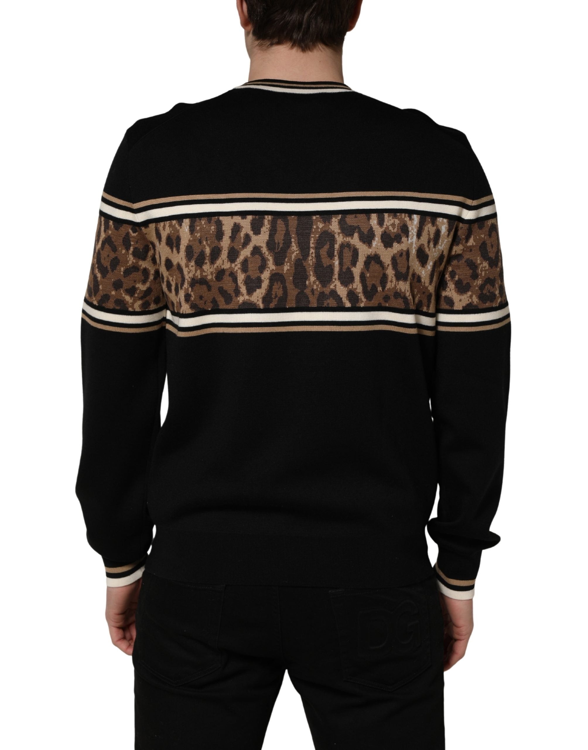 Black Leopard Wool Crew Neck Men Pullover Sweater