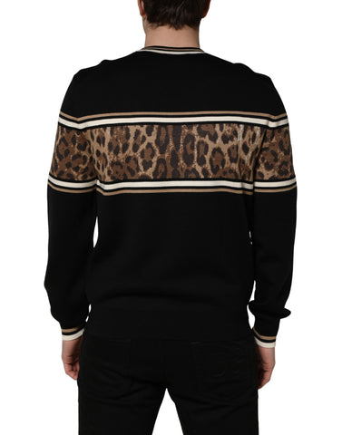 Black Leopard Wool Crew Neck Men Pullover Sweater