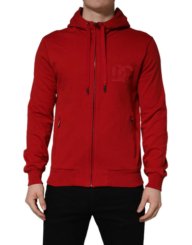 Red Embroidered Logo Hooded Full Zip Sweater