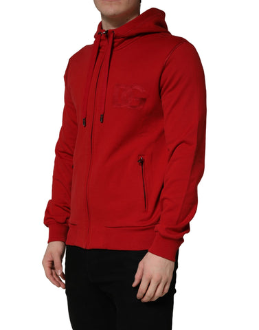 Red Embroidered Logo Hooded Full Zip Sweater