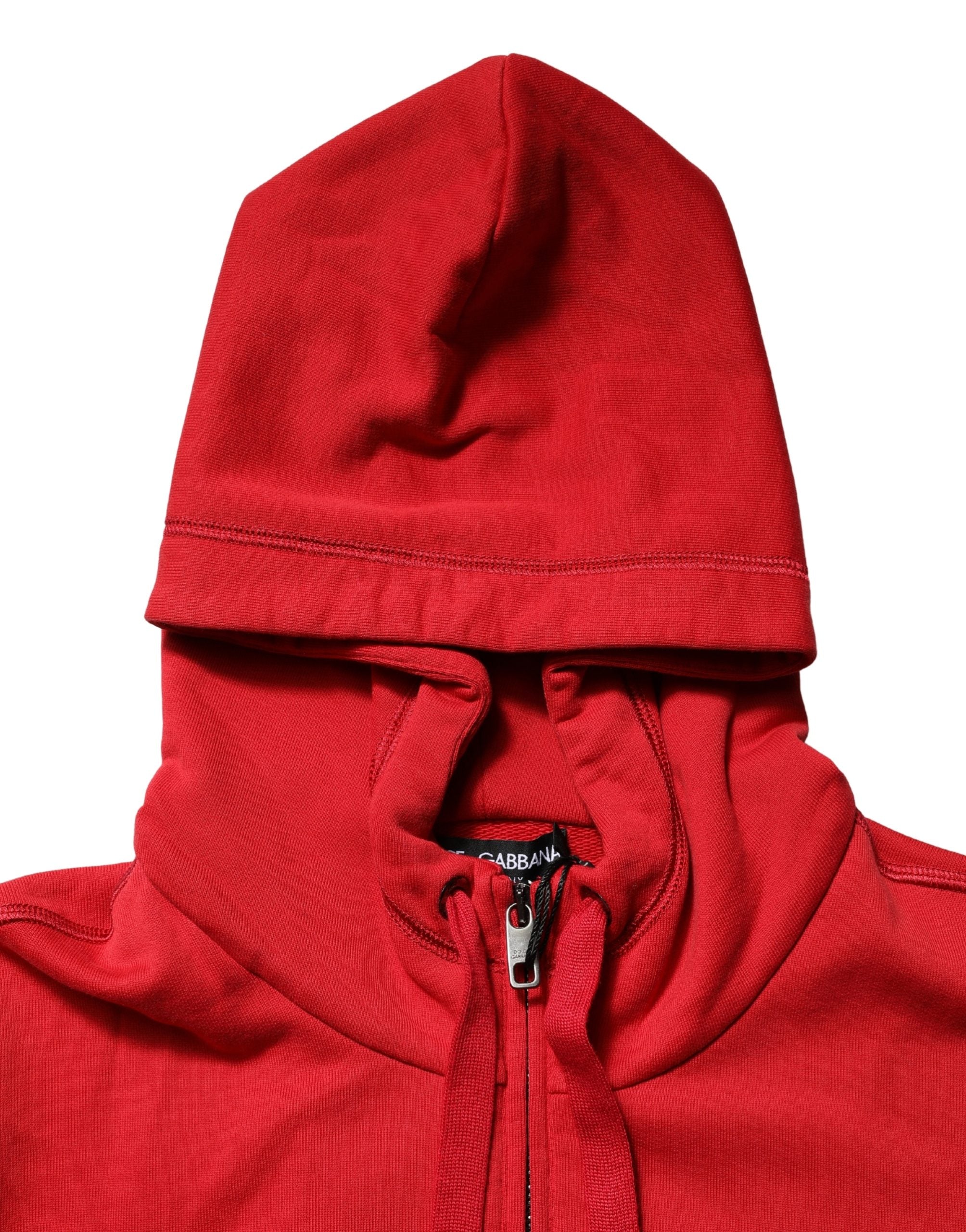 Red Embroidered Logo Hooded Full Zip Sweater