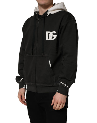 Black Cotton Logo Hooded Full Zip Sweater
