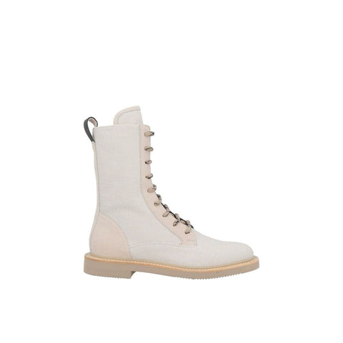 Beige Cotton Lace-Up Boots