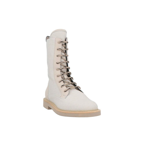 Beige Cotton Lace-Up Boots