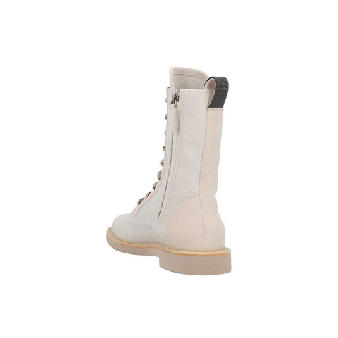 Beige Cotton Lace-Up Boots