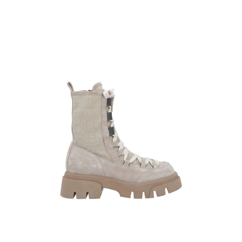 Beige Leather Lace-Up Boots