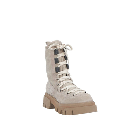 Beige Leather Lace-Up Boots