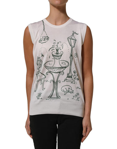 White Silk Knit Garden Fountain Print Tank Top