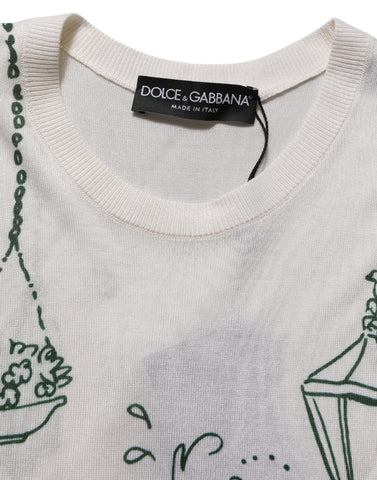 White Silk Knit Garden Fountain Print Tank Top