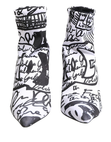 White Graffiti Stretch Ankle Boots Shoes