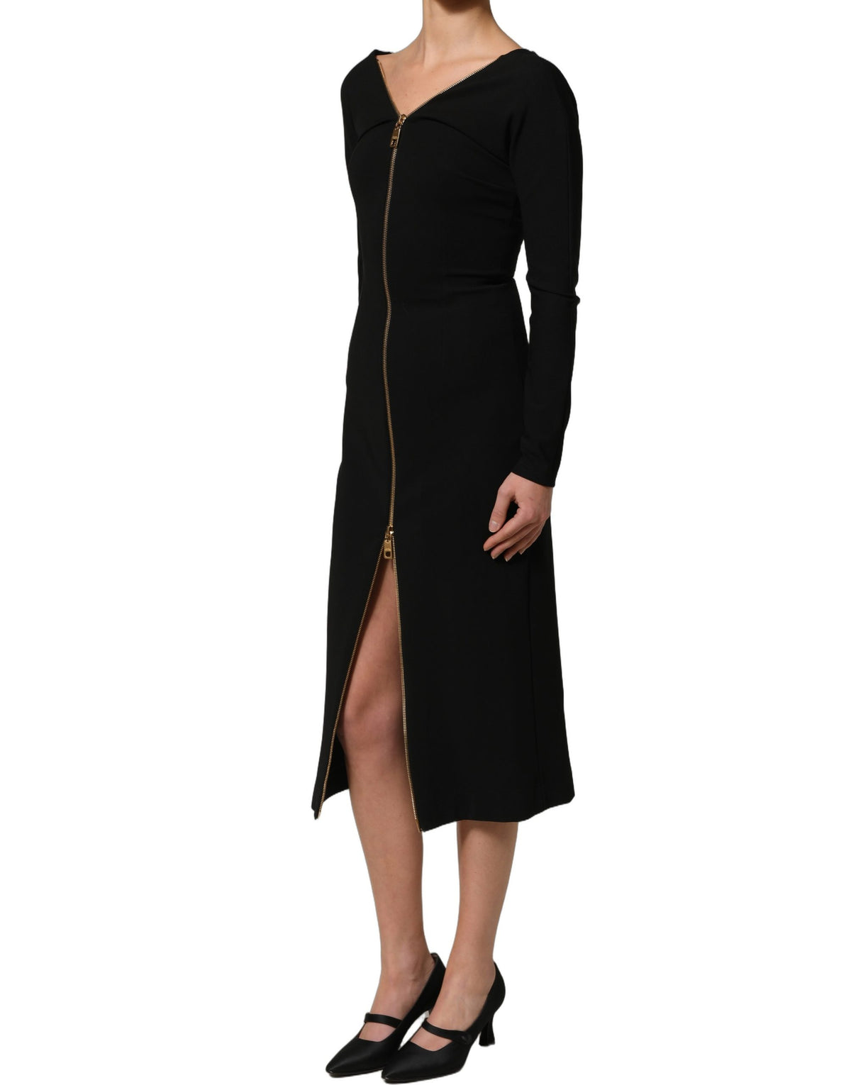Black Long Sleeves Front Zipper Midi Dress