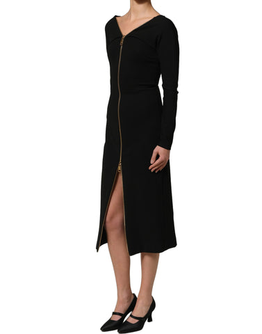 Black Long Sleeves Front Zipper Midi Dress