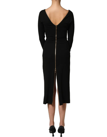 Black Long Sleeves Front Zipper Midi Dress