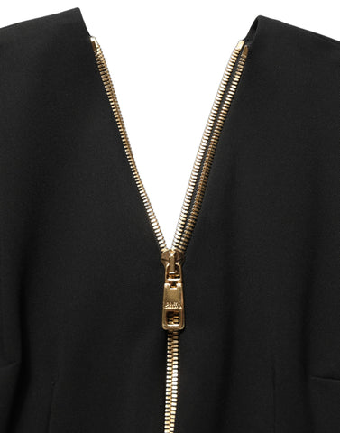 Black Long Sleeves Front Zipper Midi Dress