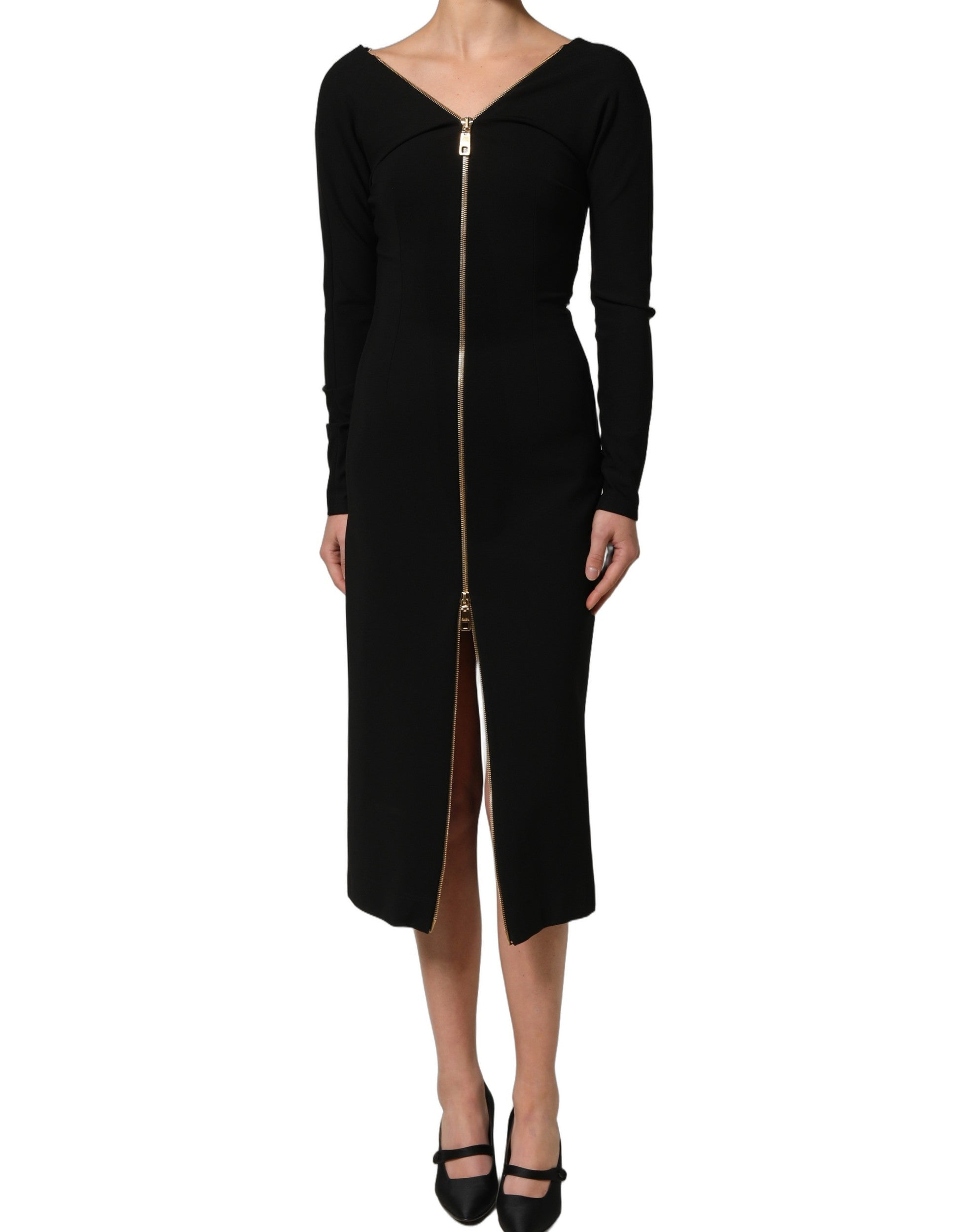 Black Long Sleeves Front Zipper Midi Dress