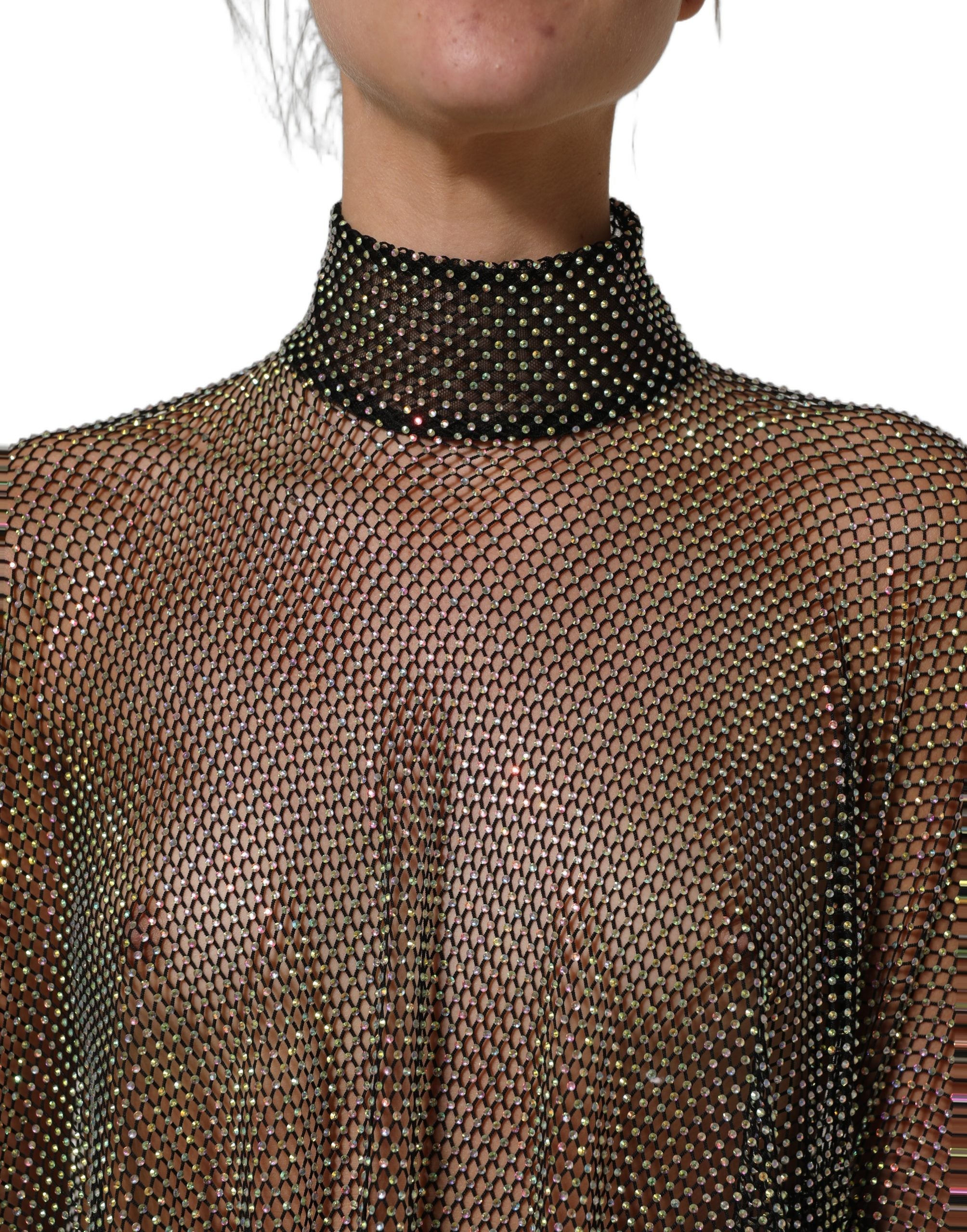 Black Rhinestone Mesh Turtleneck Maxi Dress